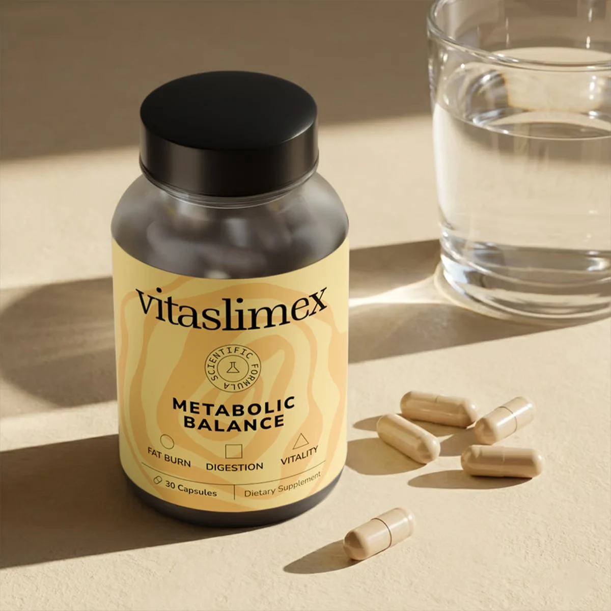 Vitaslimex supplement bottle beside a glass of water and capsules