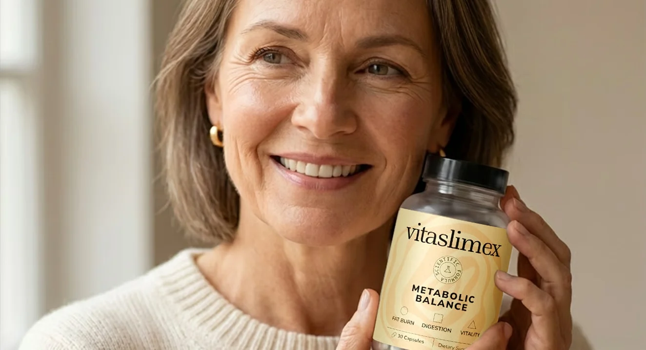 Adult woman holding Vitaslimex supplement bottle